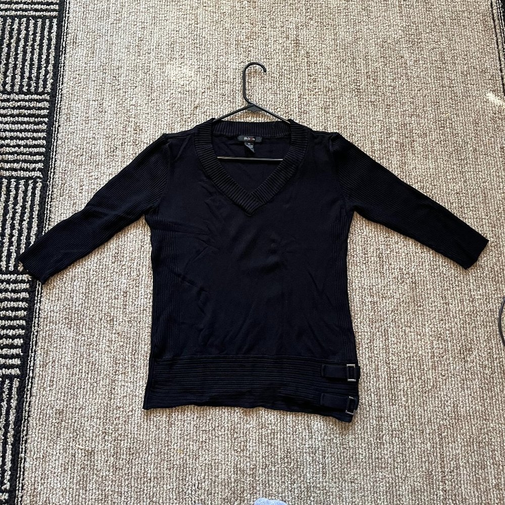 Black V-neck Sweater 3/4 Sleeves Buckle Detail Ribbed XL